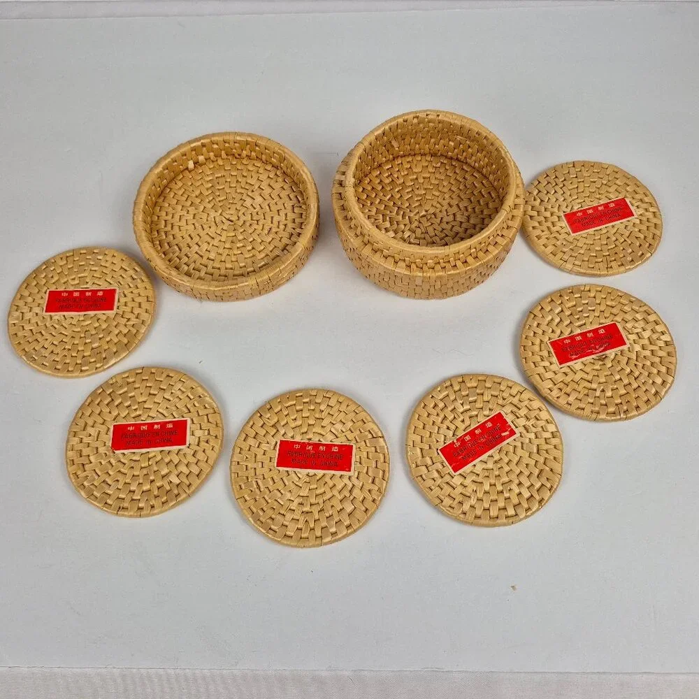 Vintage Wicker Rattan Coaster Set with Lidded Round Basket Case